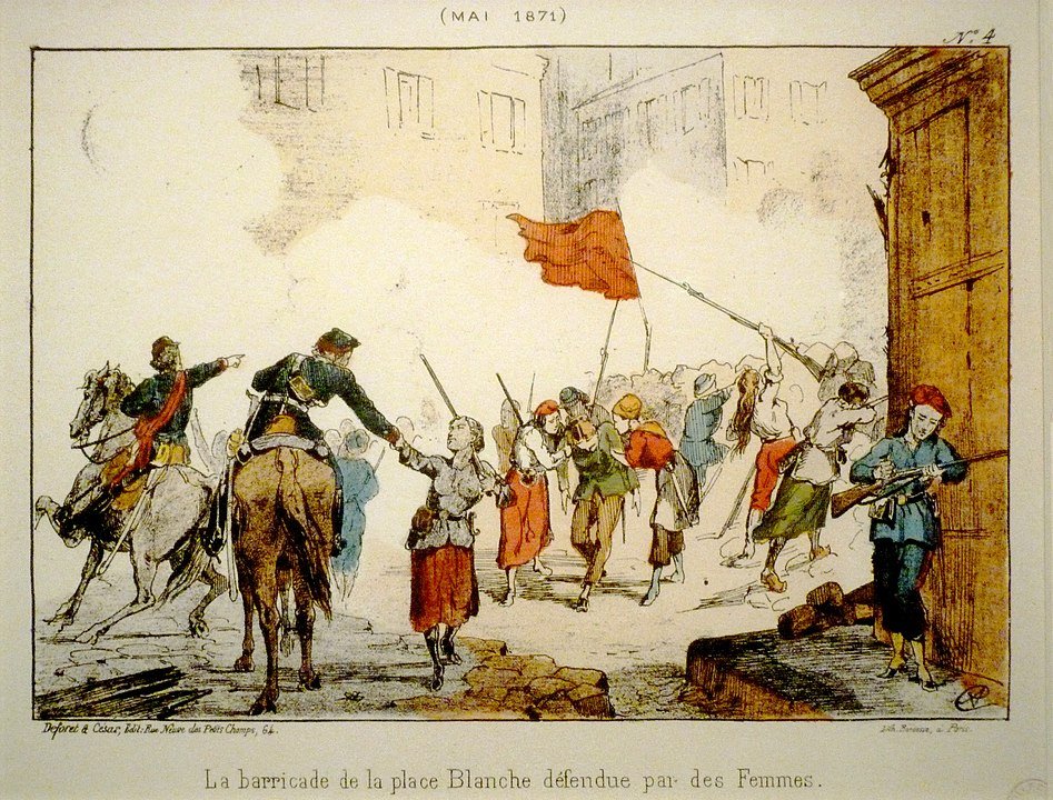 A barricade on Place Blanche during Bloody Week, whose defenders included Louise Michel and a unit of 30 women