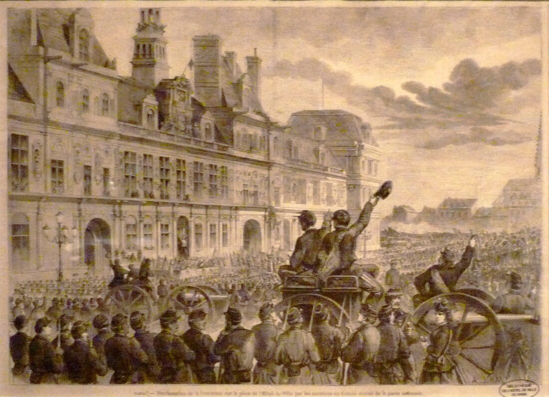 Exposition La Commune de Paris à l'Hôtel de Ville de Paris (18 mars - 28 mai 2011) - Proclamation des résultats des élections, le 28 mars 1871 sur la place de l'Hôtel de Ville - Gravure de A. Lamy pour Le Monde illustré du 8 avril 1871.