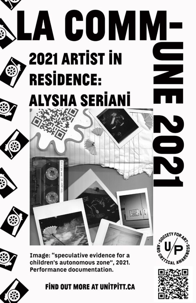 A black and white poster with an image of photographs and office ephemera spread across a desk with the text: LA COMMUNE 2021 / 2021 Artist in Residence: Alysha Seriani