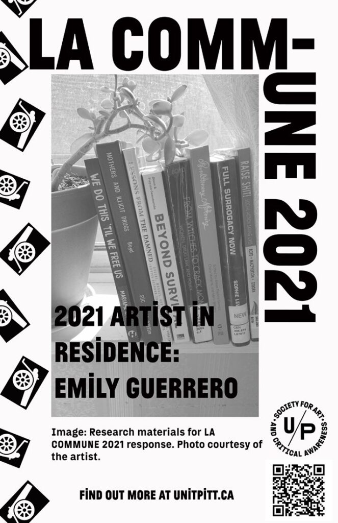 A black and white poster featuring an image of the spines of books on a shelf with a plant to the left with the text: LA COMMUNE 2021 / Artist in Residence: Emily Guerrero