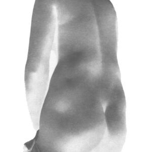 Black and white reverse-exposure photograph from behind a stone statue of Aphrodite, headless. Prominent features are back, arm, bum