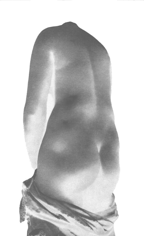 Black and white reverse-exposure photograph from behind a stone statue of Aphrodite, headless. Prominent features are back, arm, bum