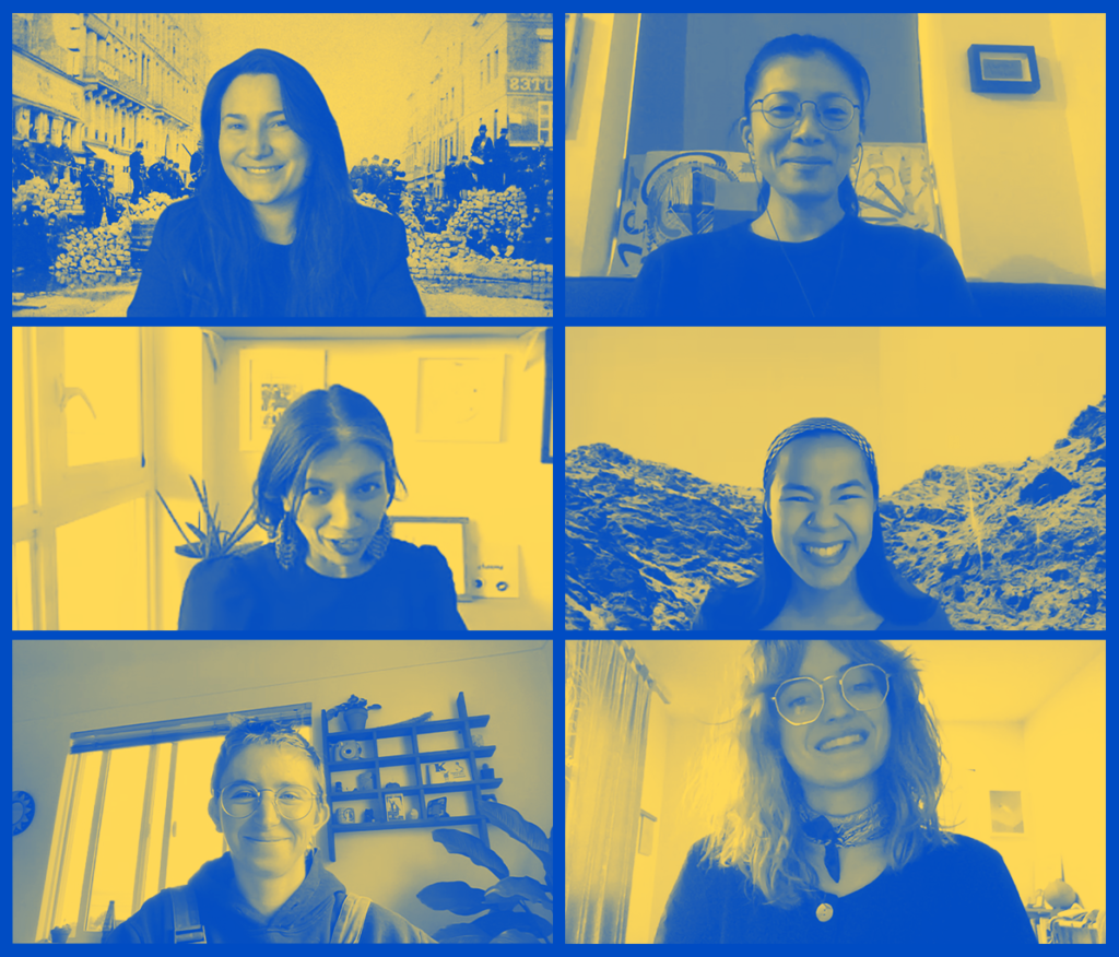 Blue and yellow 2-tone screenshot of a Zoom room, featuring Brit Bachmann, Casey Wei, Roxanne Panchasi, Rachel Lau, Kara Stanton, and Lauren Lavery.