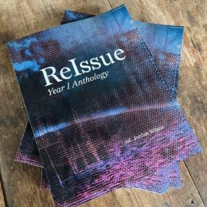 Photograph of ReIssue Year 1 Anthology, stacked, on a wooden surface. The cover is an abstract blue-pink-black textured image. Ed. Jordan Wilson