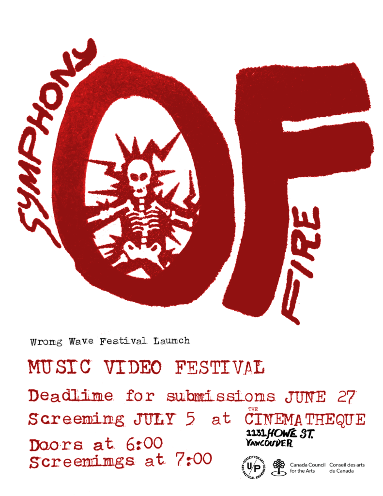 Symphony of Fire Screening and Call for Submissions poster. Illustrated text for "Symphony of Fire" is stylized, red. Within the "O" is a depiction of a skeleton with lightning bolts emanating from it. The rest of the information is in red of black lettering, font suggesting a typewriter.