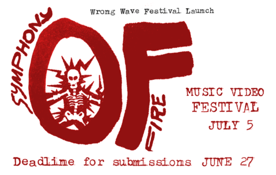 Symphony of Fire Screening and Call for Submissions poster. Illustrated text for "Symphony of Fire" is stylized, red. Within the "O" is a depiction of a skeleton with lightning bolts emanating from it. The rest of the information is in red of black lettering, font suggesting a typewriter