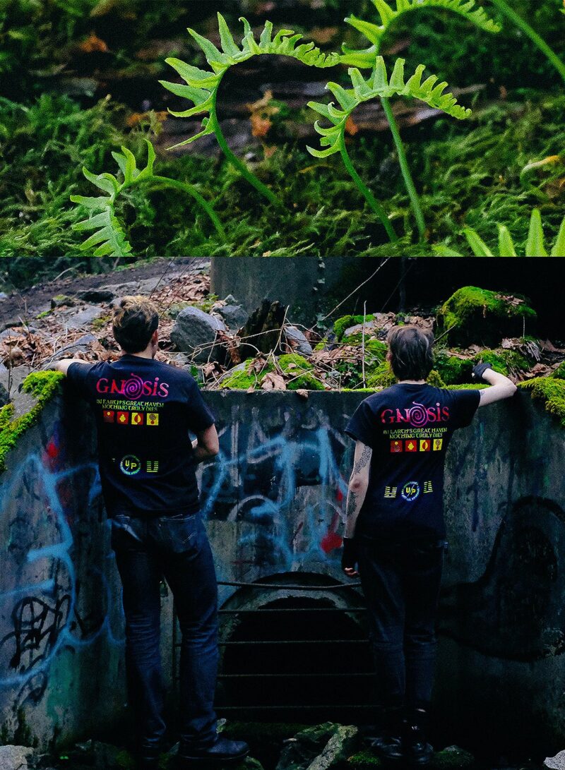 BOTH MODELS SHOWING BACK OF TSHIRT IN A FOREST SETTING WITH DRAINAGE PIPE AND FERNS