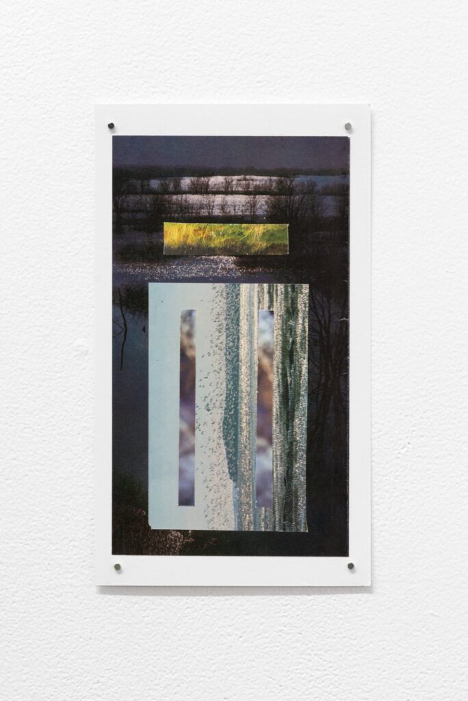 A graphic collage by Alyson Bucharestfeaturing aquatic landscapes in rectangular forms.