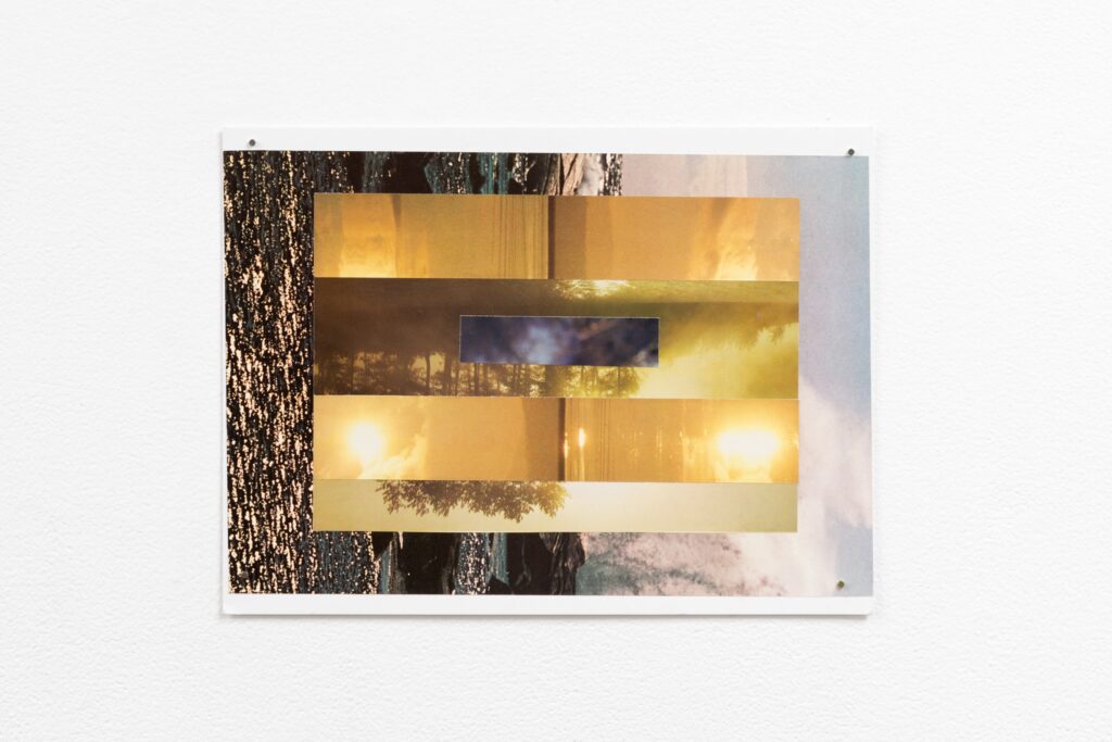 A graphic collage by Alyson Bucharestfeaturing aquatic landscapes in rectangular forms.