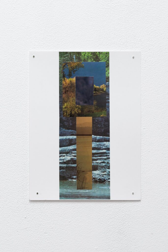 A graphic collage by Alyson Bucharestfeaturing aquatic landscapes in rectangular forms.
