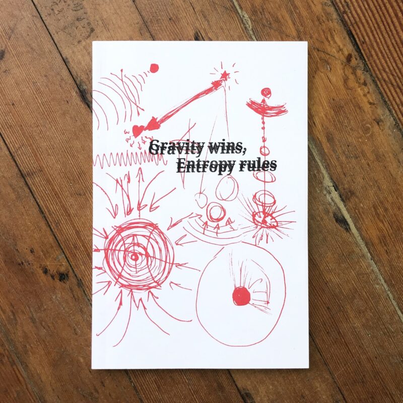 a white paper-back book with red scribbled drawings sits on a worn wooden floor. The title of the book is double-stamped on the cover in a serifed font which reads "Gravity wins, Entropy rules"