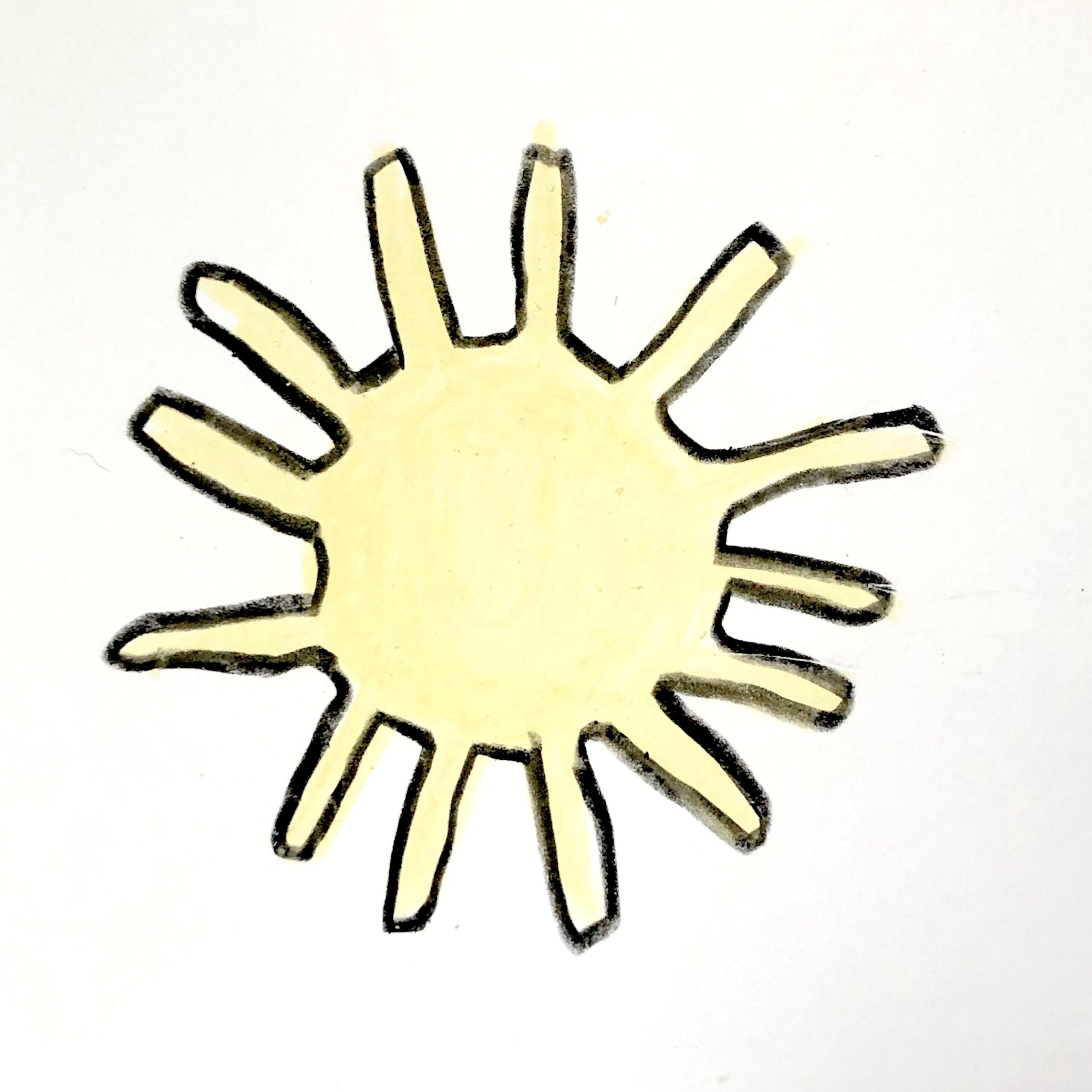 A pencil crayon drawing of a pale sun with thick black outline on a white background