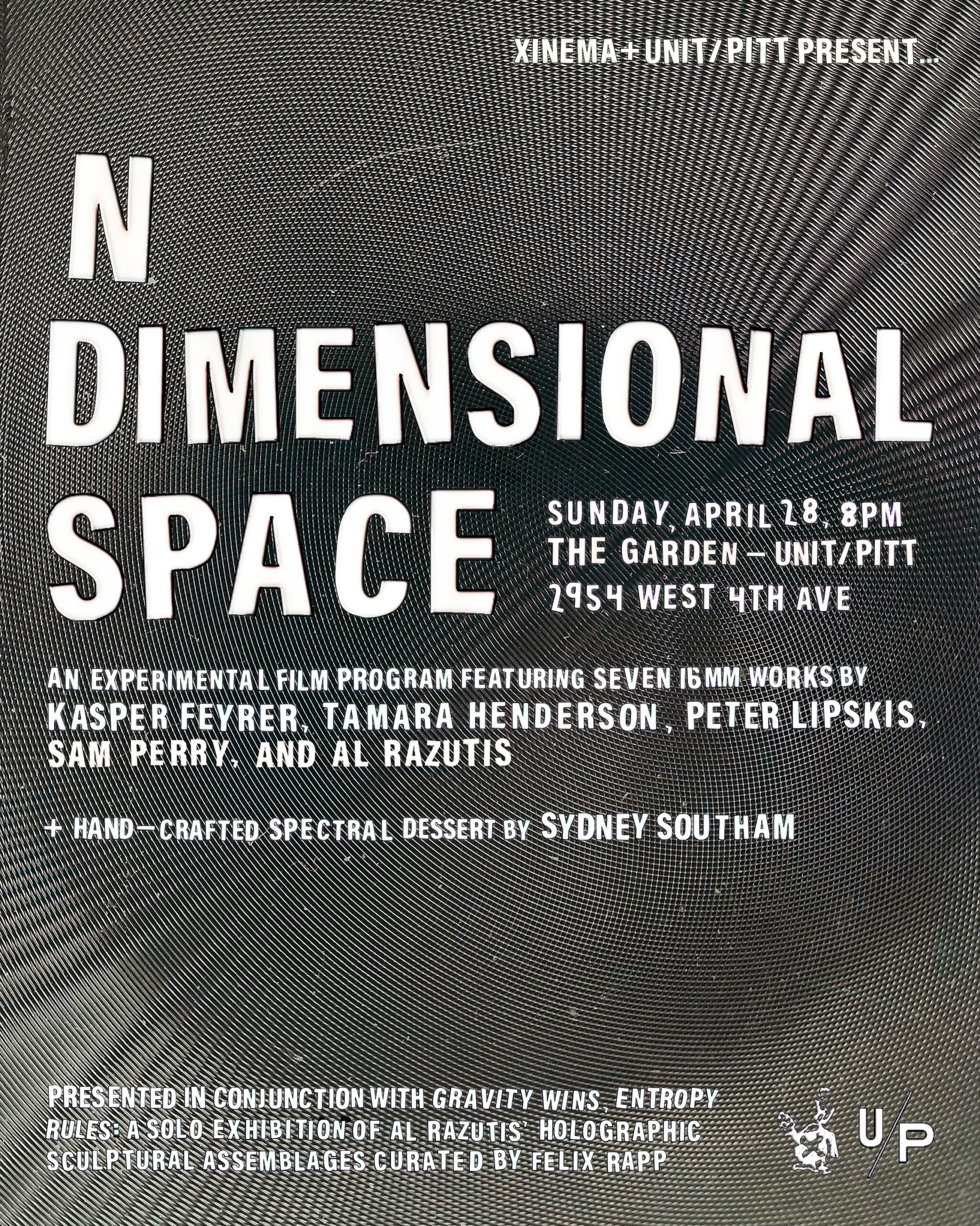 A grayscale poster with a lense-patterned backgroundreading: N DIMENSIONAL SPACE, with small text on UNIT/PITT's location, artist names. The white, all-caps text is made up of off-kilter letters.