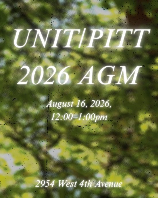 A soft green background with white serif text on top, glowing white, which reads "UNIT/PITT 2026 AGM, August 16 2026, 12-1pm."